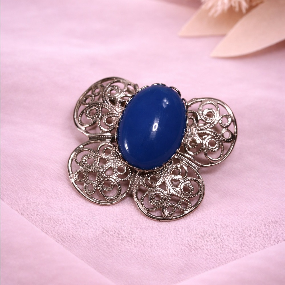 Vintage Silver Tone Filigree Butterfly Brooch Blue Cabochon Center Retro Pin